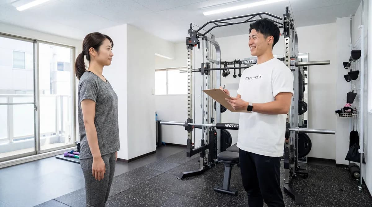 FIREFITNESSで葛本トレーナーが姿勢を確認している様子